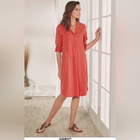 Soft Surroundings Coral Embroidered Weekender Tencel Shirt Dress Size XL - Picture 1 of 7